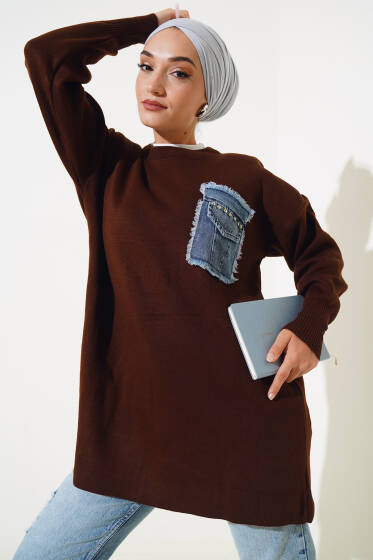 Taşlı Kot Cep Kapaklı Triko Tunik Kahve - Triko