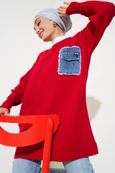 Taşlı Kot Cep Kapaklı Triko Tunik Kırmızı - Tunik