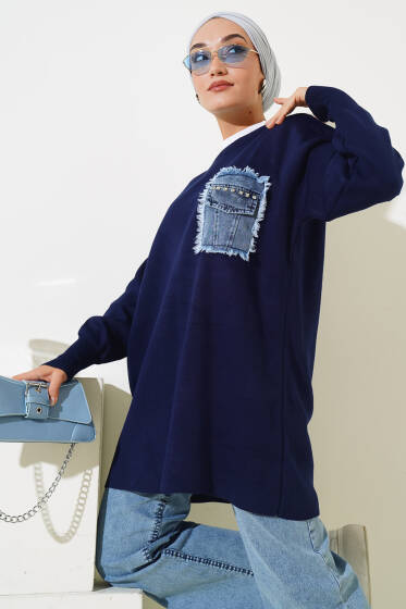 Taşlı Kot Cep Kapaklı Triko Tunik Lacivert - Tunik