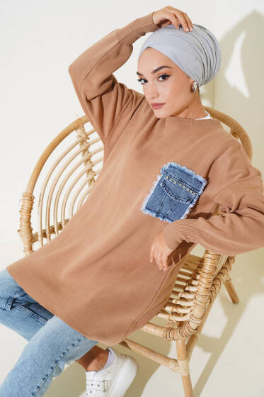 Taşlı Kot Cep Kapaklı Triko Tunik Latte - Triko