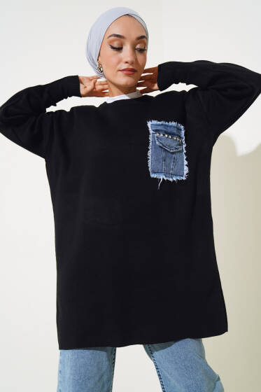 Taşlı Kot Cep Kapaklı Triko Tunik Siyah - Triko