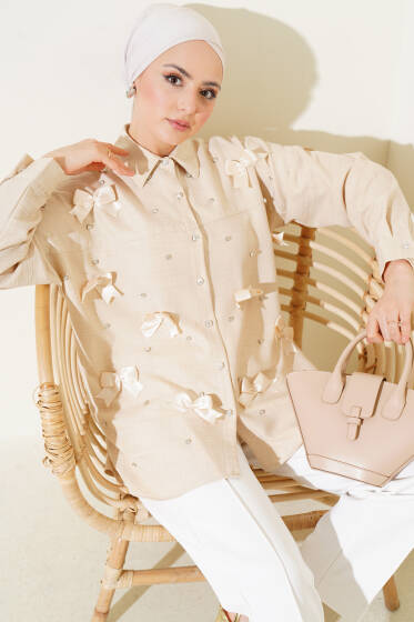 Taşlı Kurdele Fiyonklu Gömlek Bej - Gömlek