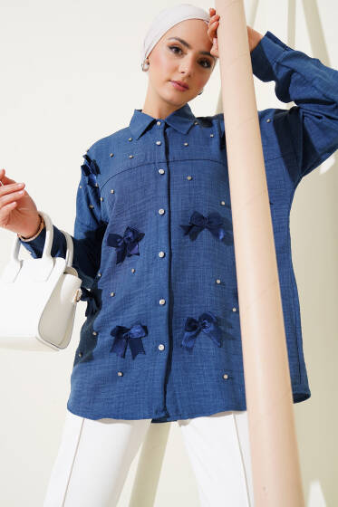 Taşlı Kurdele Fiyonklu Gömlek İndigo - Gömlek