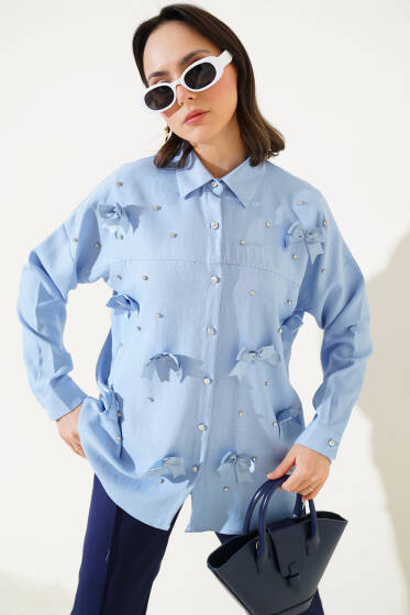 Taşlı Kurdele Fiyonklu Gömlek Mavi - Gömlek