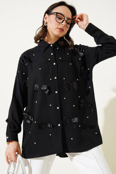Taşlı Kurdele Fiyonklu Gömlek Siyah - Gömlek