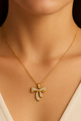 Taşlı Kurdeleli Kolye Gold - Kolye