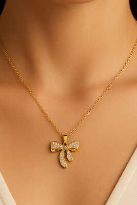 Taşlı Kurdeleli Kolye Gold - Kolye