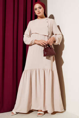 Taşlı Kuş Gözü Detaylı Bağlamalı Elbise Bej 