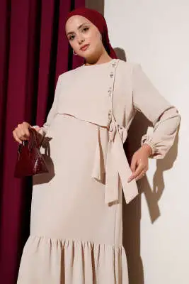 Taşlı Kuş Gözü Detaylı Bağlamalı Elbise Bej - Tesettür Elbise