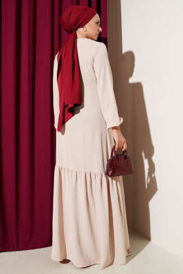 Taşlı Kuş Gözü Detaylı Bağlamalı Elbise Bej - Tesettür Elbise