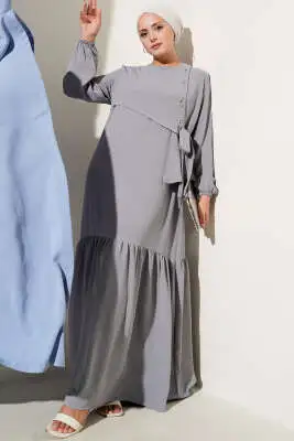 Taşlı Kuş Gözü Detaylı Bağlamalı Elbise Gri 