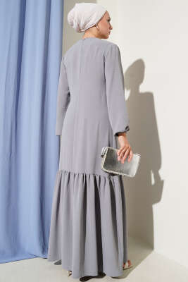 Taşlı Kuş Gözü Detaylı Bağlamalı Elbise Gri - Tesettür Elbise