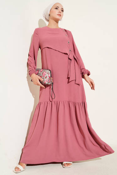 Taşlı Kuş Gözü Detaylı Bağlamalı Elbise Gül Kurusu - Elbise