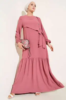 Taşlı Kuş Gözü Detaylı Bağlamalı Elbise Gül Kurusu 