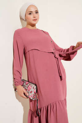 Taşlı Kuş Gözü Detaylı Bağlamalı Elbise Gül Kurusu - Tesettür Elbise