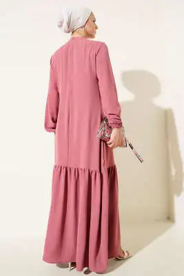 Taşlı Kuş Gözü Detaylı Bağlamalı Elbise Gül Kurusu - Tesettür Elbise