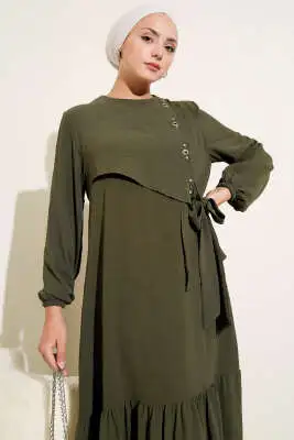 Taşlı Kuş Gözü Detaylı Bağlamalı Elbise Haki - Tesettür Elbise