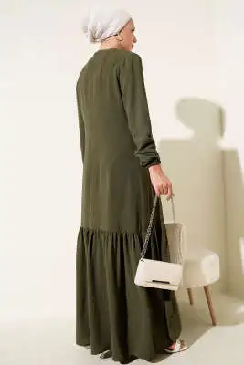 Taşlı Kuş Gözü Detaylı Bağlamalı Elbise Haki - Tesettür Elbise