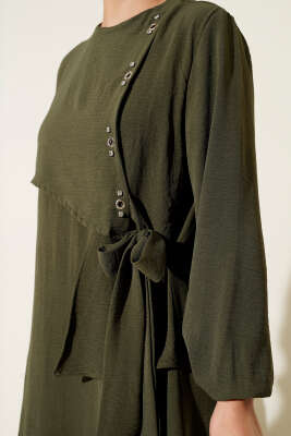 Taşlı Kuş Gözü Detaylı Bağlamalı Elbise Haki - Tesettür Elbise