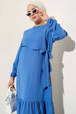 Taşlı Kuş Gözü Detaylı Bağlamalı Elbise Mavi - Tesettür Elbise