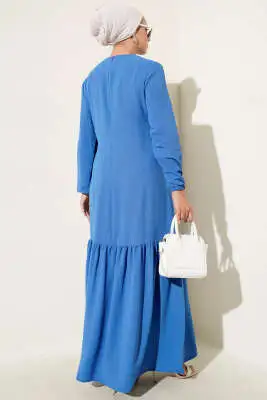 Taşlı Kuş Gözü Detaylı Bağlamalı Elbise Mavi - Tesettür Elbise