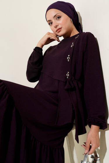 Taşlı Kuş Gözü Detaylı Bağlamalı Elbise Mürdüm - Elbise