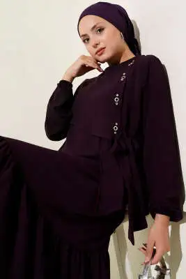 Taşlı Kuş Gözü Detaylı Bağlamalı Elbise Mürdüm 