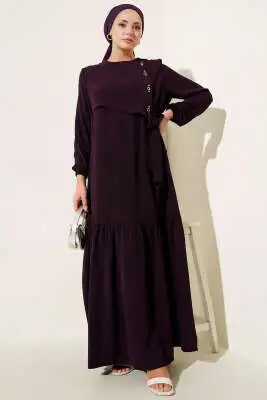 Taşlı Kuş Gözü Detaylı Bağlamalı Elbise Mürdüm - Tesettür Elbise