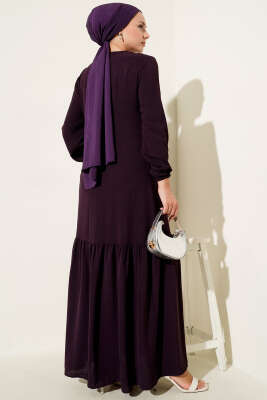 Taşlı Kuş Gözü Detaylı Bağlamalı Elbise Mürdüm - Tesettür Elbise