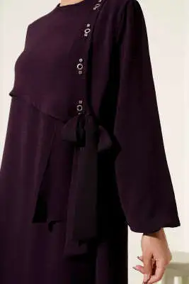 Taşlı Kuş Gözü Detaylı Bağlamalı Elbise Mürdüm - Tesettür Elbise