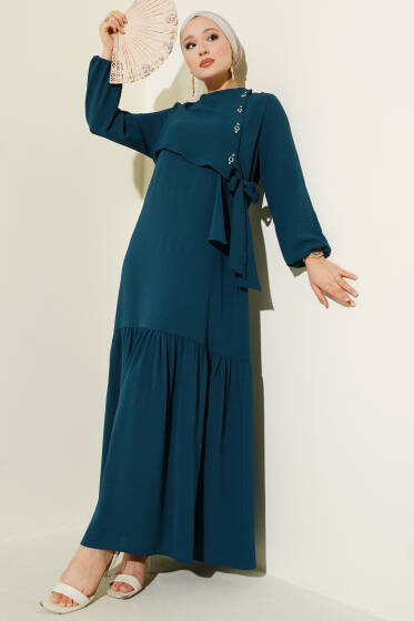 Taşlı Kuş Gözü Detaylı Bağlamalı Elbise Petrol - Elbise