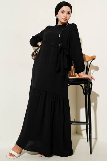 Taşlı Kuş Gözü Detaylı Bağlamalı Elbise Siyah - Elbise