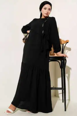 Taşlı Kuş Gözü Detaylı Bağlamalı Elbise Siyah 
