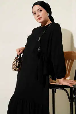 Taşlı Kuş Gözü Detaylı Bağlamalı Elbise Siyah - Tesettür Elbise
