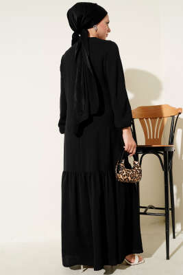 Taşlı Kuş Gözü Detaylı Bağlamalı Elbise Siyah - Tesettür Elbise