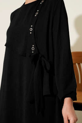 Taşlı Kuş Gözü Detaylı Bağlamalı Elbise Siyah - Tesettür Elbise