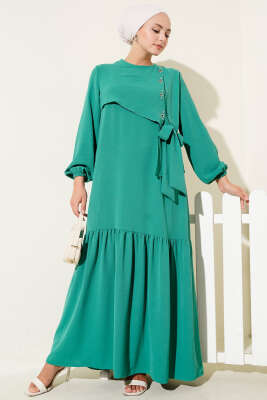 Taşlı Kuş Gözü Detaylı Bağlamalı Elbise Yeşil 