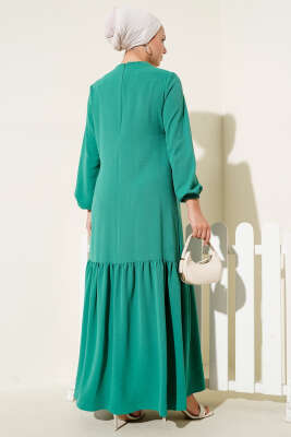 Taşlı Kuş Gözü Detaylı Bağlamalı Elbise Yeşil - Tesettür Elbise