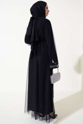 Taşlı Kuşaklı Abaya Siyah - Elbise