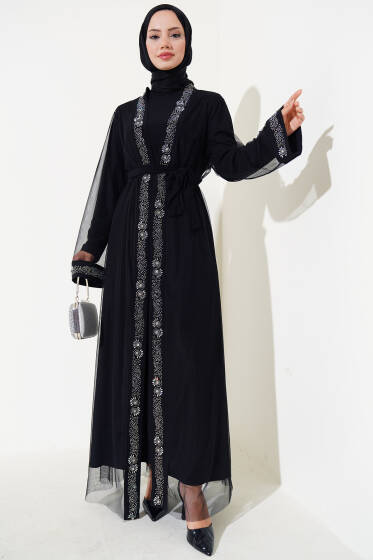 Taşlı Kuşaklı Abaya Siyah - Elbise