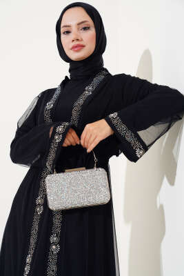 Taşlı Kuşaklı Abaya Siyah - Elbise