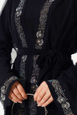 Taşlı Kuşaklı Abaya Siyah - Tesettür Elbise