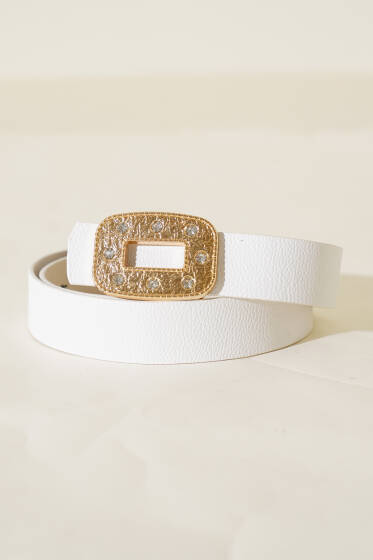 Taşlı Metal Dikdörtgen Tokalı Kemer Beyaz - Deri Kemer