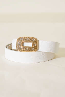 Taşlı Metal Dikdörtgen Tokalı Kemer Beyaz 