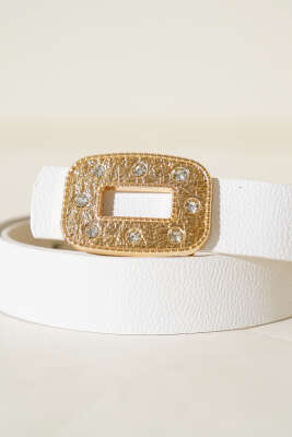 Taşlı Metal Dikdörtgen Tokalı Kemer Beyaz - Yılın Fırsatı