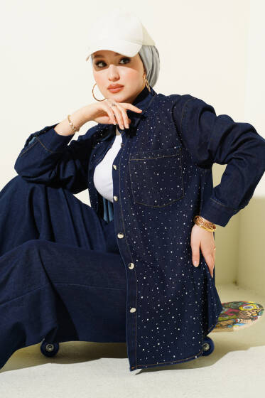 Taşlı Metal Düğmeli Kot İkili Takım Lacivert - İkili Takım