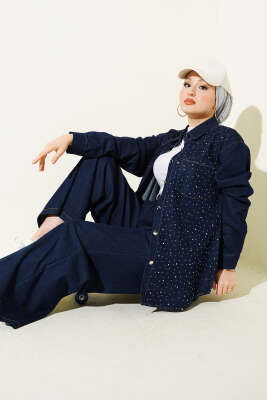 Taşlı Metal Düğmeli Kot İkili Takım Lacivert - İkili Takım