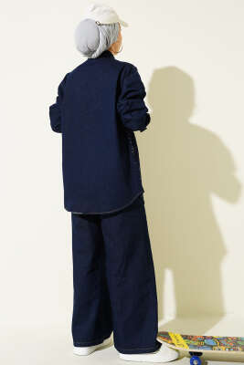 Taşlı Metal Düğmeli Kot İkili Takım Lacivert - İkili Takım