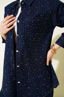 Taşlı Metal Düğmeli Kot İkili Takım Lacivert - İkili Takım