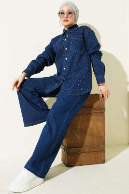 Taşlı Metal Düğmeli Kot İkili Takım Mavi - HATUN